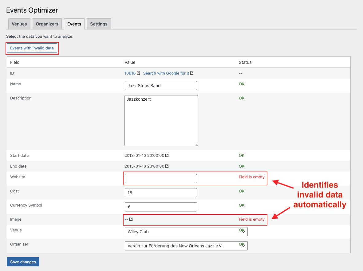 events-optimizer-events-with-invalid-data Screenshot Events Optimizer