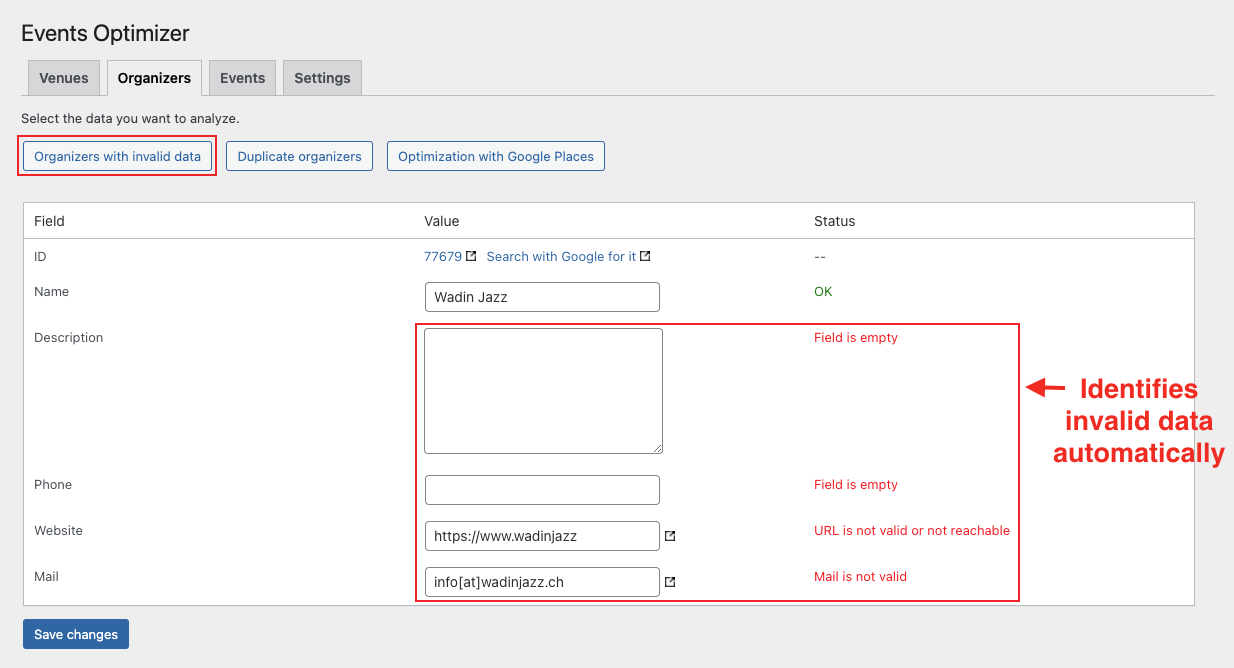 events-optimizer-organizers-with-invalid-data Screenshot Events Optimizer