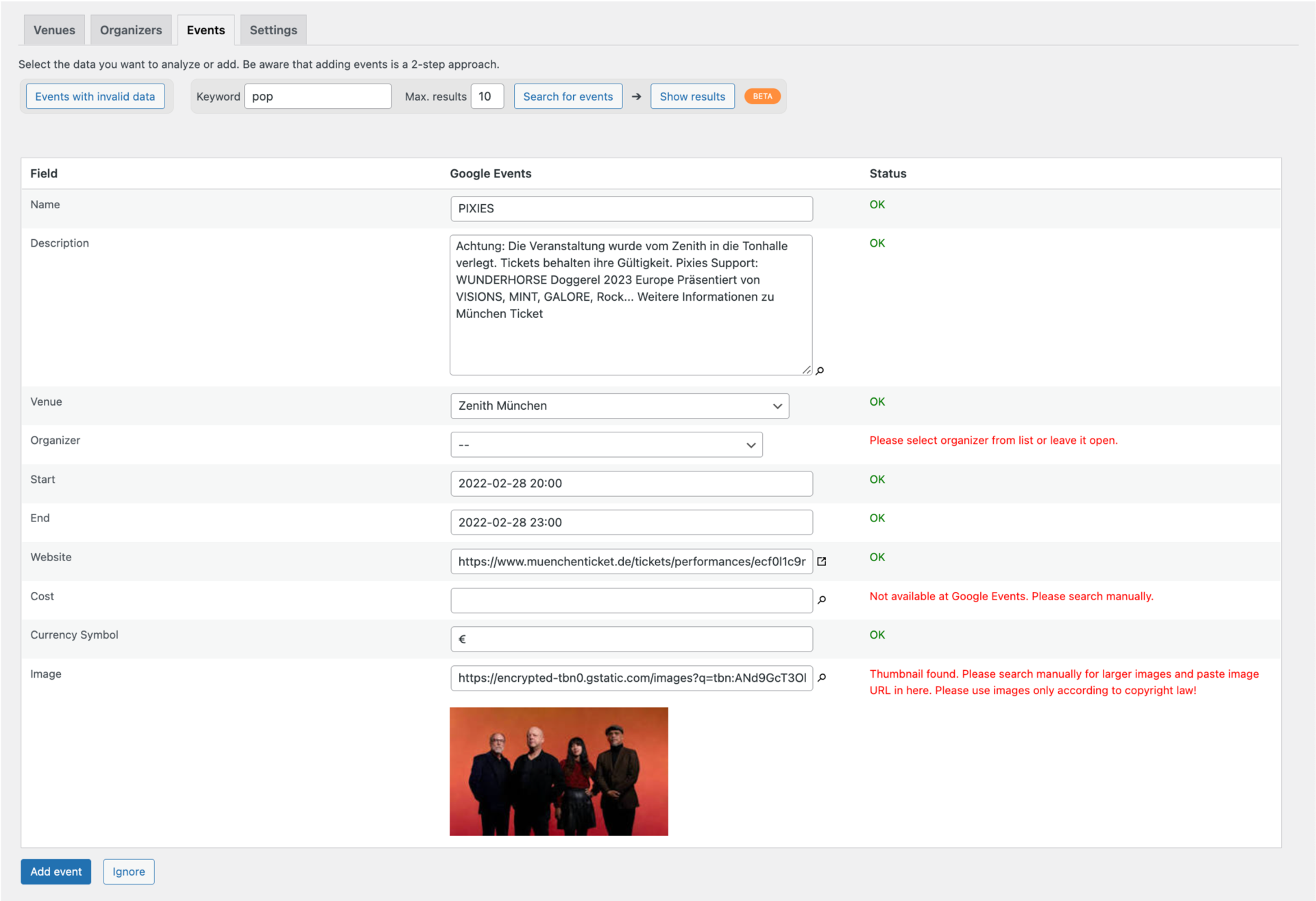 Events Optimizer - Add Events Verify URLs