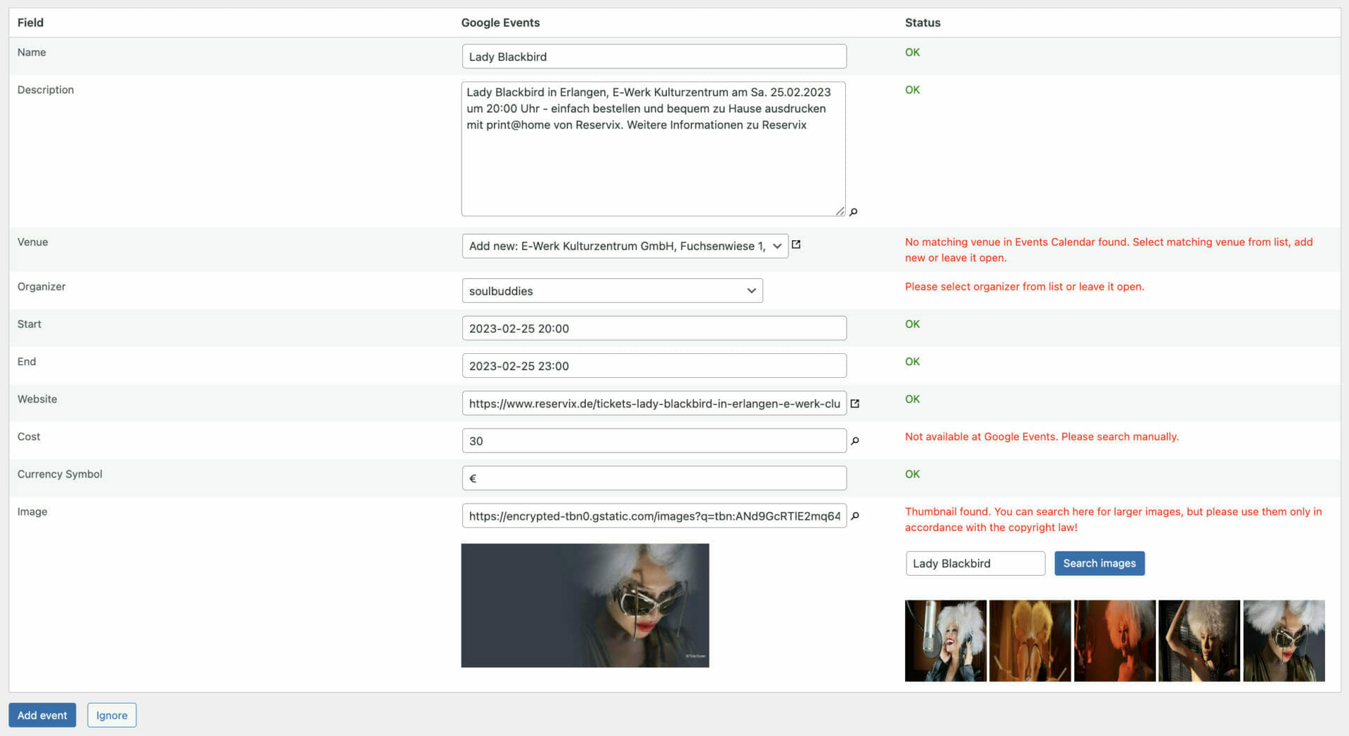Events Optimizer - Add Google Images Verify URLs