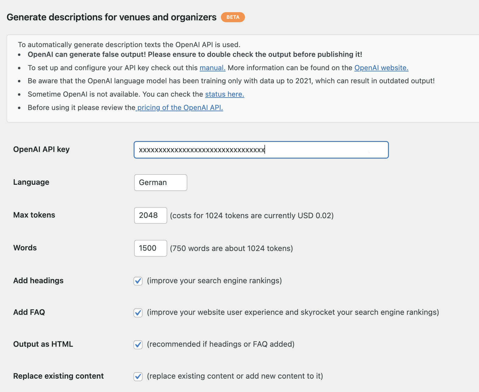 Events Optimizer - Settings OpenAI ChatGPT, OpenAI