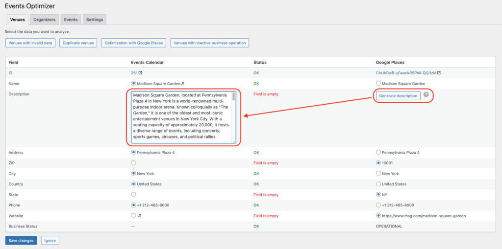 Events Optimizer - genereate description for venues Screenshot of a list of venues and a button to generate a description