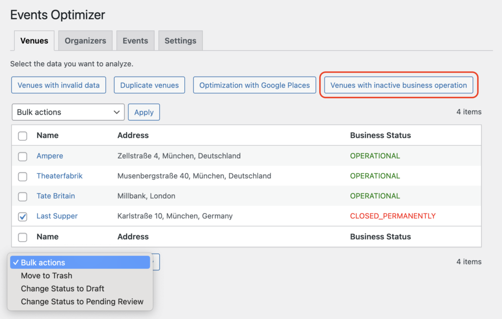 Events Optimizer - venues with inactive business Screenshot of a list of venues highlighting a filter option for "venues with inactive business operation.