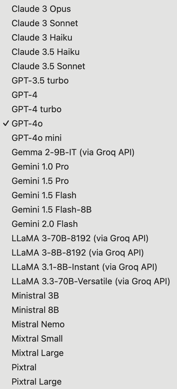 Events Optimizer - AI Models A list of various AI models, including Claude and GPT versions, with a check next to GPT-4o.