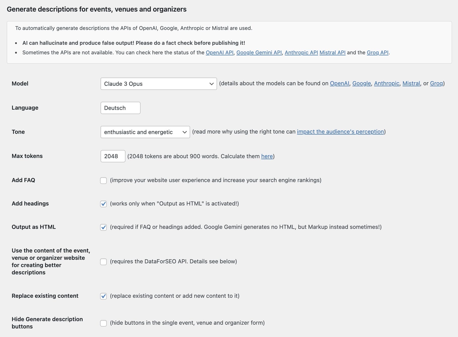 Events Optimizer Settings Screenshot of a web interface for generating descriptions for events, venues, and organizers, featuring options for model, language, tone, and other settings.