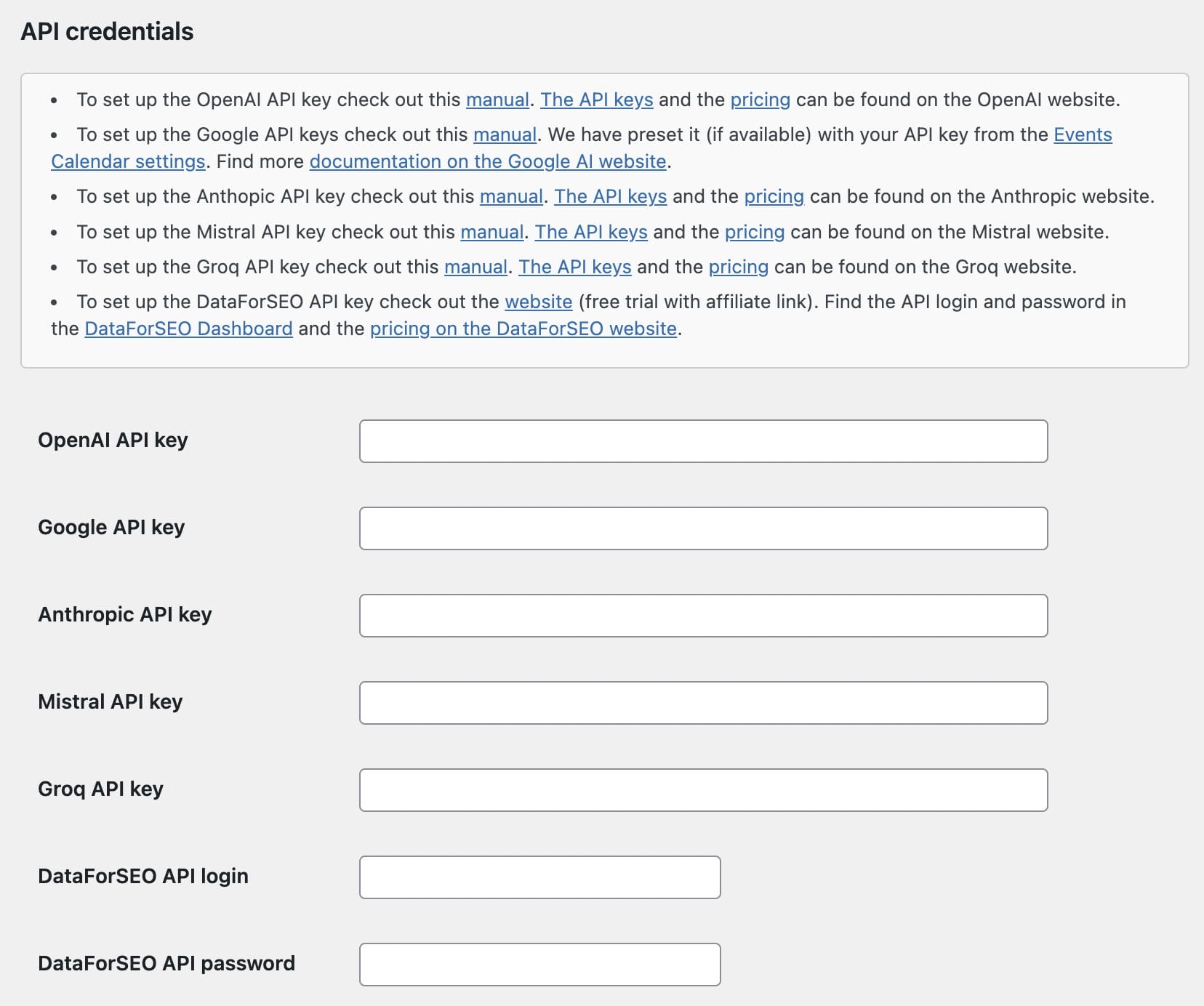 Events-Optimizer-Settings-API-Keys API credentials form with fields for OpenAI, Google, Anthropic, Mistral, Groq, and DataForSEO API keys and login information, alongside links to setup manuals and pricing.