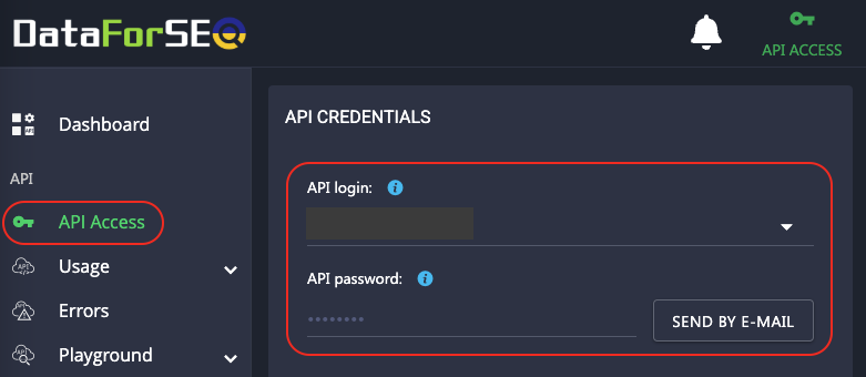 DataForSEO dashboard displaying the API access page, showing API credentials with login and password fields.