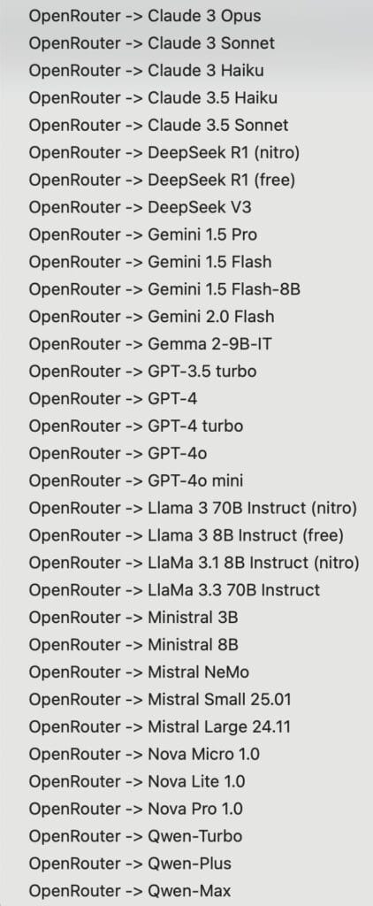 Events Optimizer - AI Models A list of various AI models, including Claude and GPT versions.