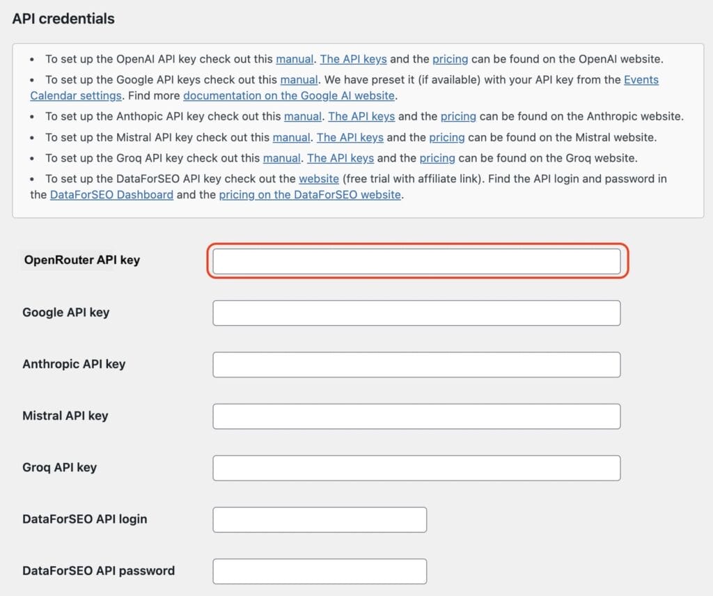 Set the tone for seamless integration with our web page designed for entering various API credentials. Easily input your API keys and login details for OpenRouter, Google, Mistral, Groq, and DataForSEO all in one place.