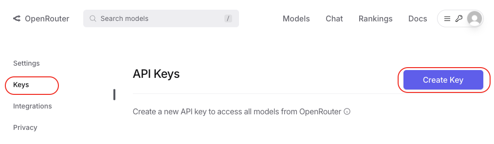 Screenshot showing a webpage interface for OpenRouter. The "Keys" option is selected on the left. The page displays "API Keys," and a purple button labeled "Create Key" on the right.
