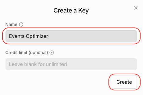 Create a Key interface with "Events Optimizer" in the Name field and "Create" button highlighted.