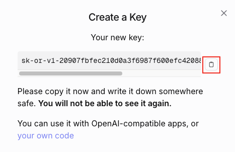 A prompt to create a new key, with a generated key visible in a text box. Instructions below advise saving the key, as it won't be visible again.