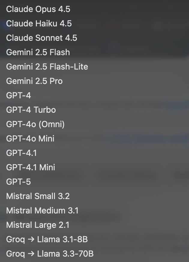 A list of AI language models and their versions, including Claude, Gemini, GPT, Mistral, and Groq, displayed in white text on a dark background.