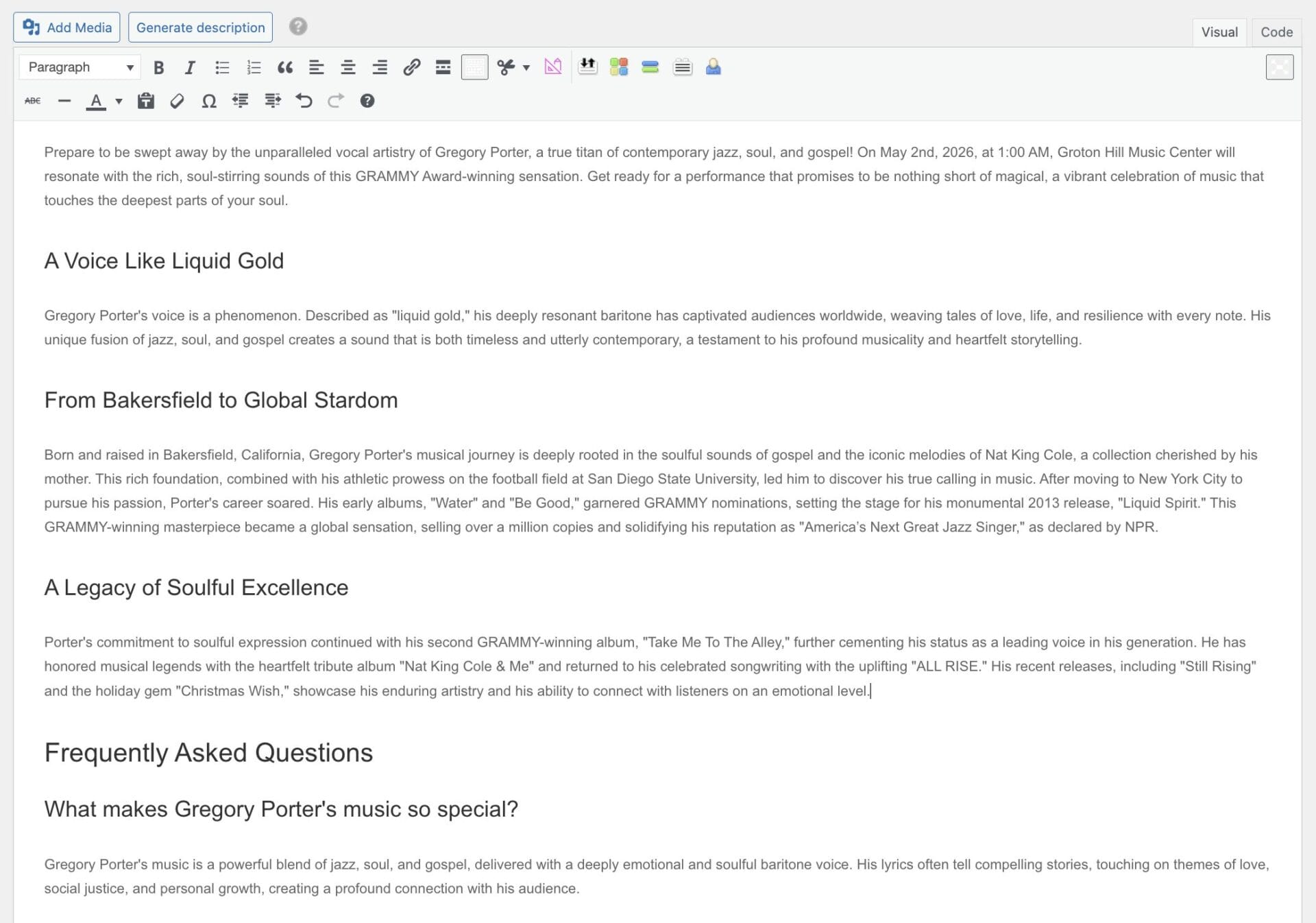 A webpage displays an article about Gregory Porter, featuring section headers, body text, and a frequently asked questions segment on his musical style and achievements.