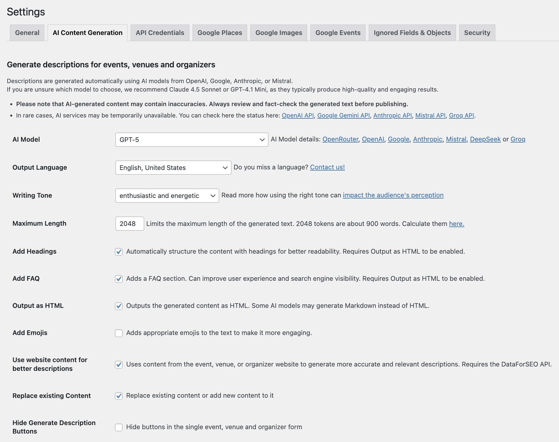 Settings page for generating event, venue, and organizer descriptions using AI, with options for model selection, language, tone, content length, and additional features.