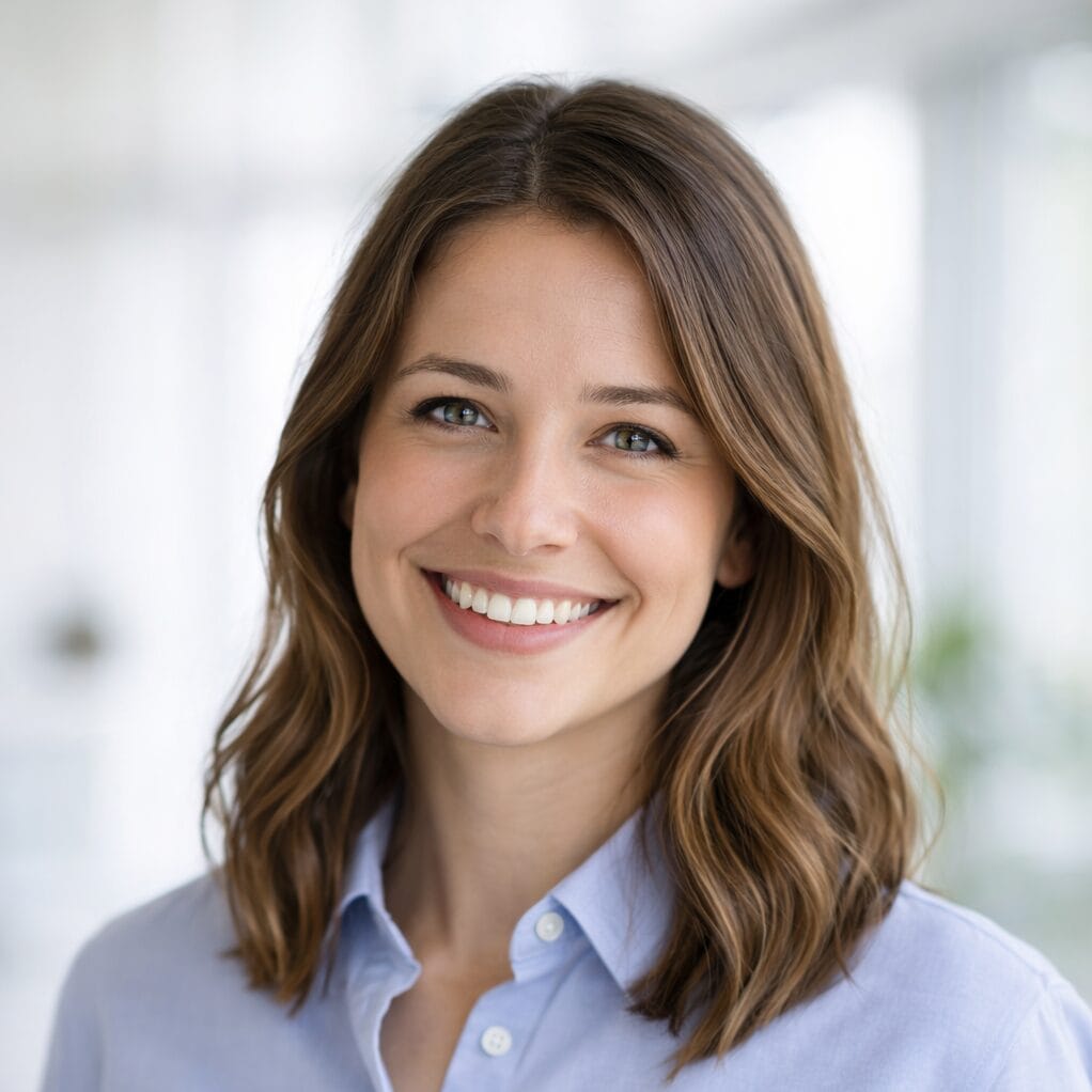 A woman with shoulder-length brown hair and a light blue shirt smiles at the camera in a bright indoor setting.