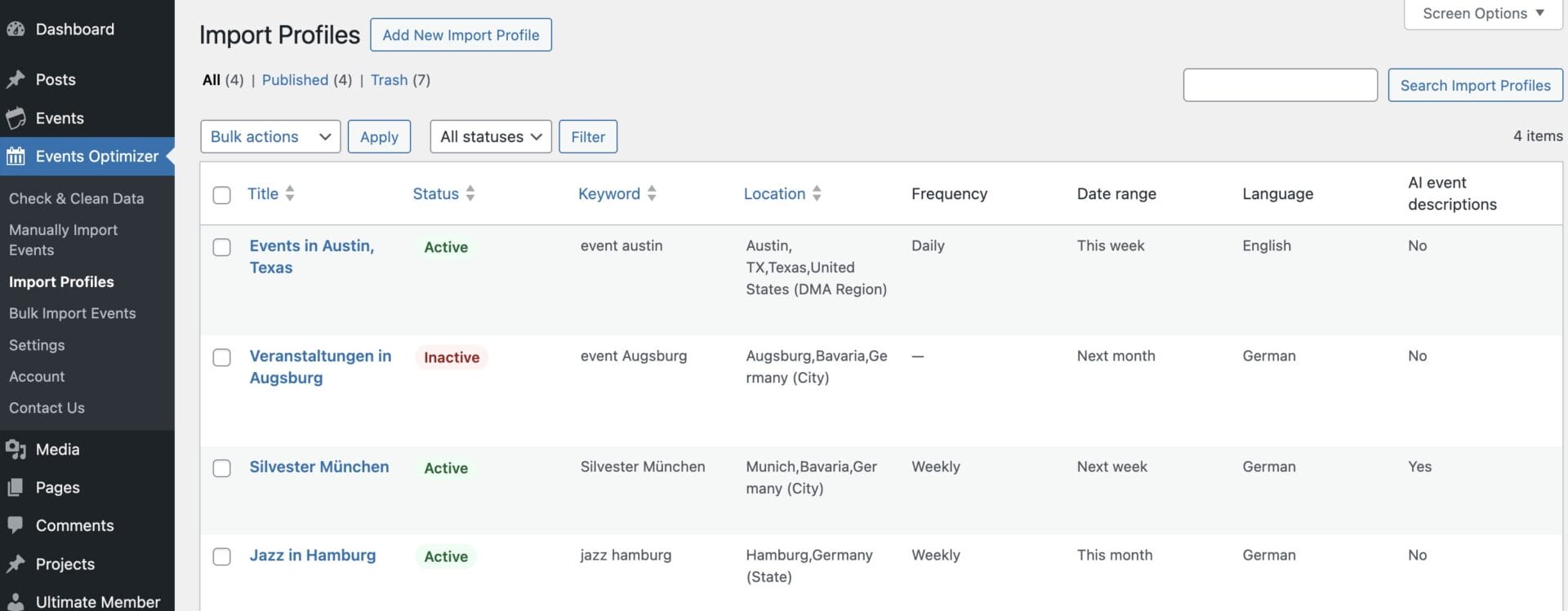 A list of import profiles for events is shown, including status, keyword, location, frequency, date range, language, and event descriptions in a WordPress dashboard interface.