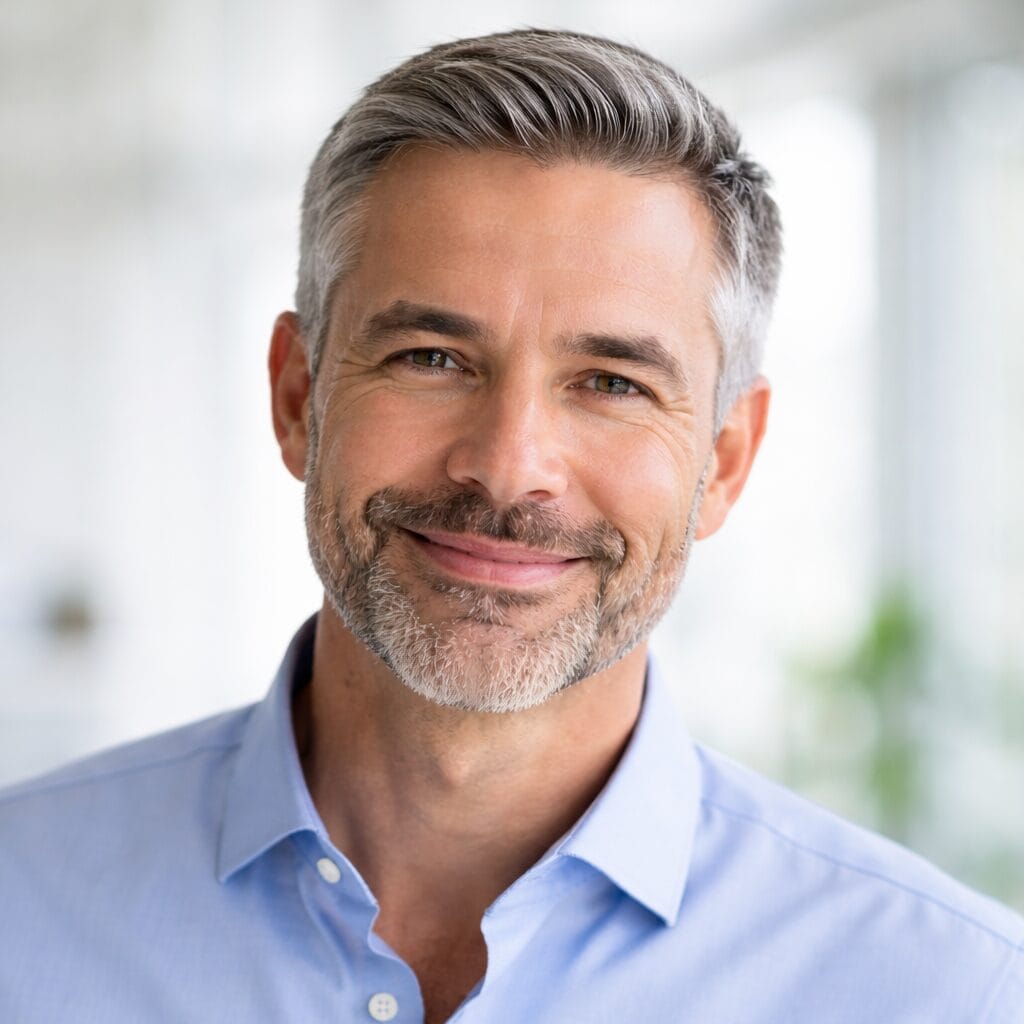 A middle-aged man with gray hair and a beard is smiling, wearing a light blue collared shirt, and standing in a bright indoor setting.
