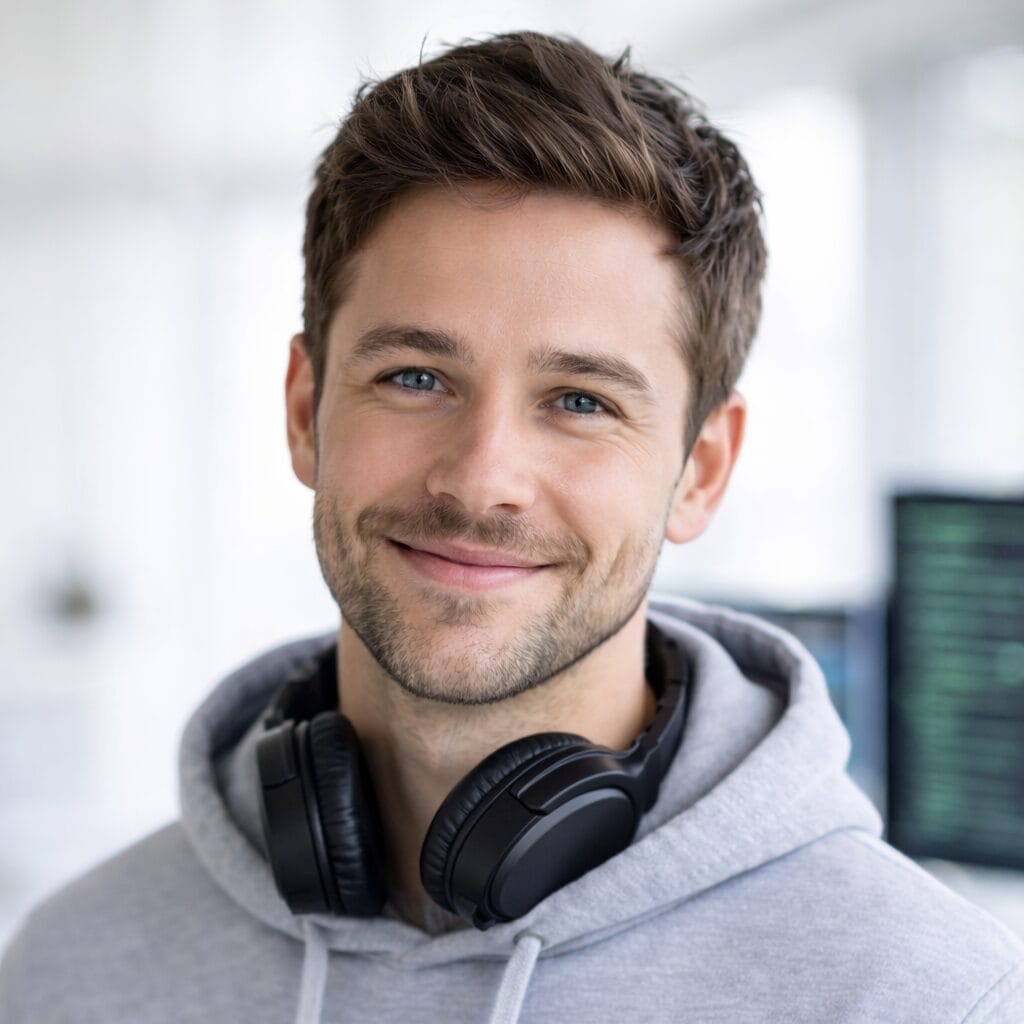 A young man with short brown hair wearing a gray hoodie and black headphones around his neck, smiling indoors with a blurred background.