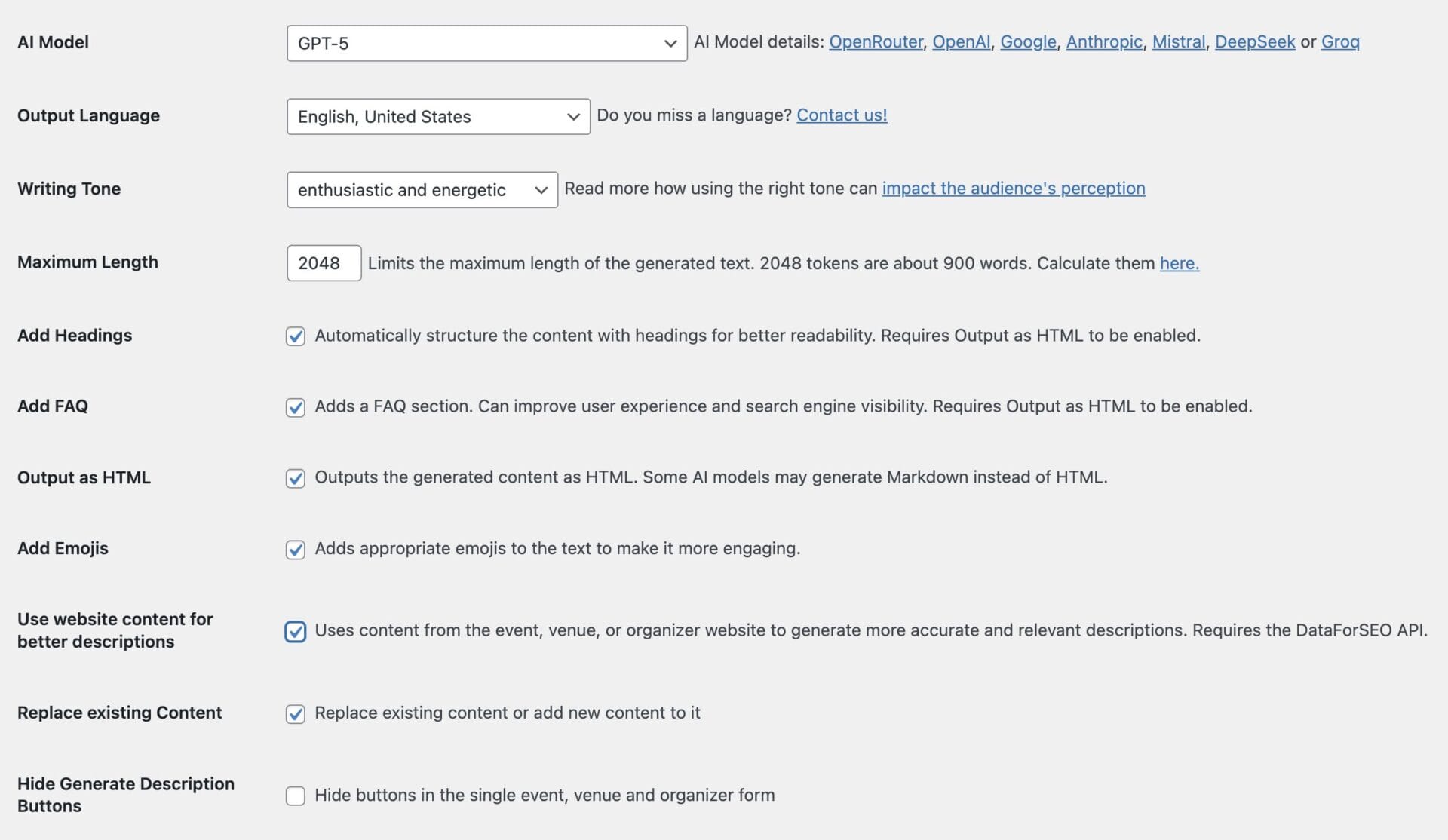 Settings page for configuring an AI model, displaying options for model version, language, output formatting, content length, and additional content features like FAQ and emojis.