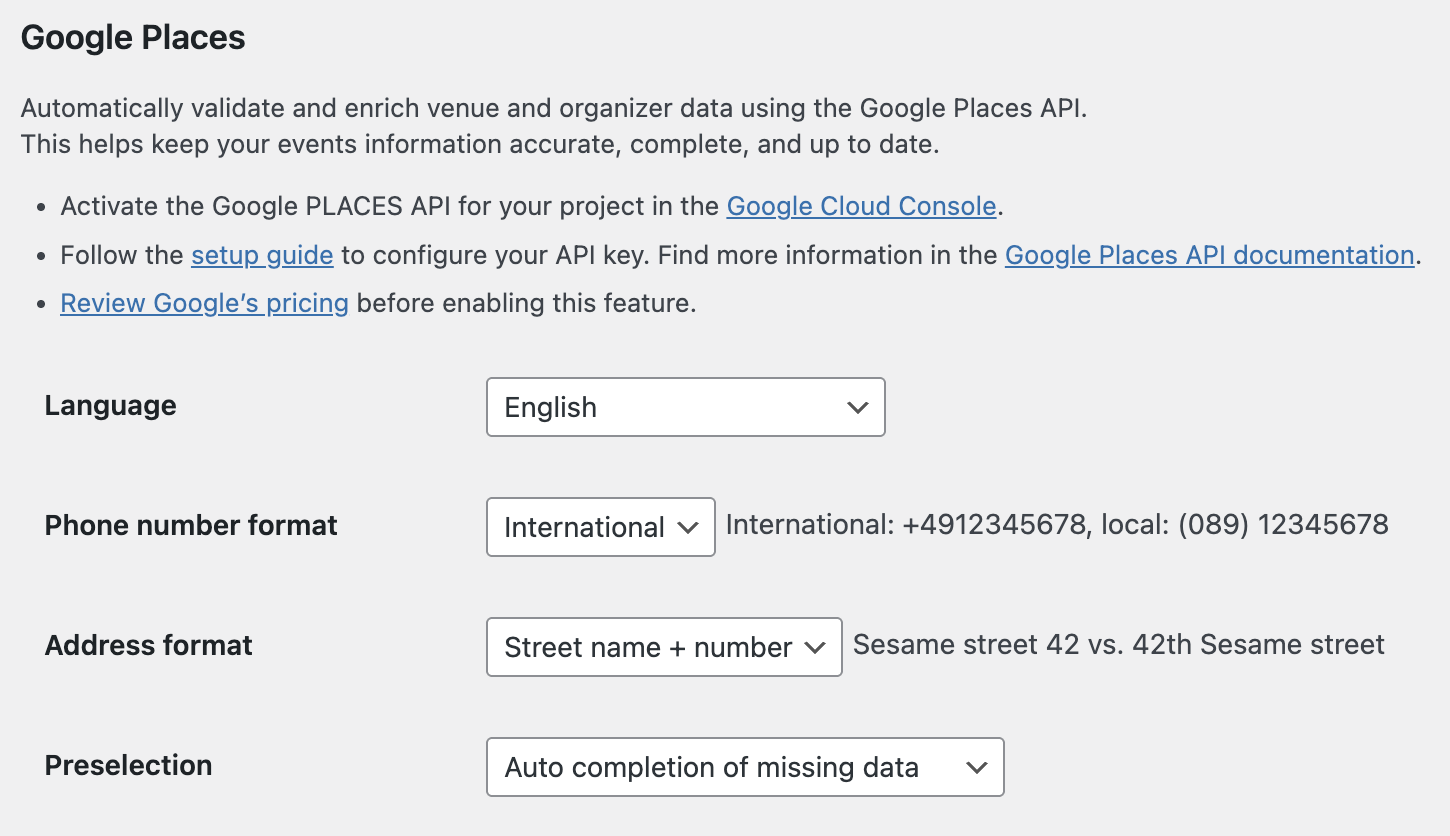 Settings page for Google Places integration showing options for language, phone number format, address format, and data preselection, with instructional links and example entries.